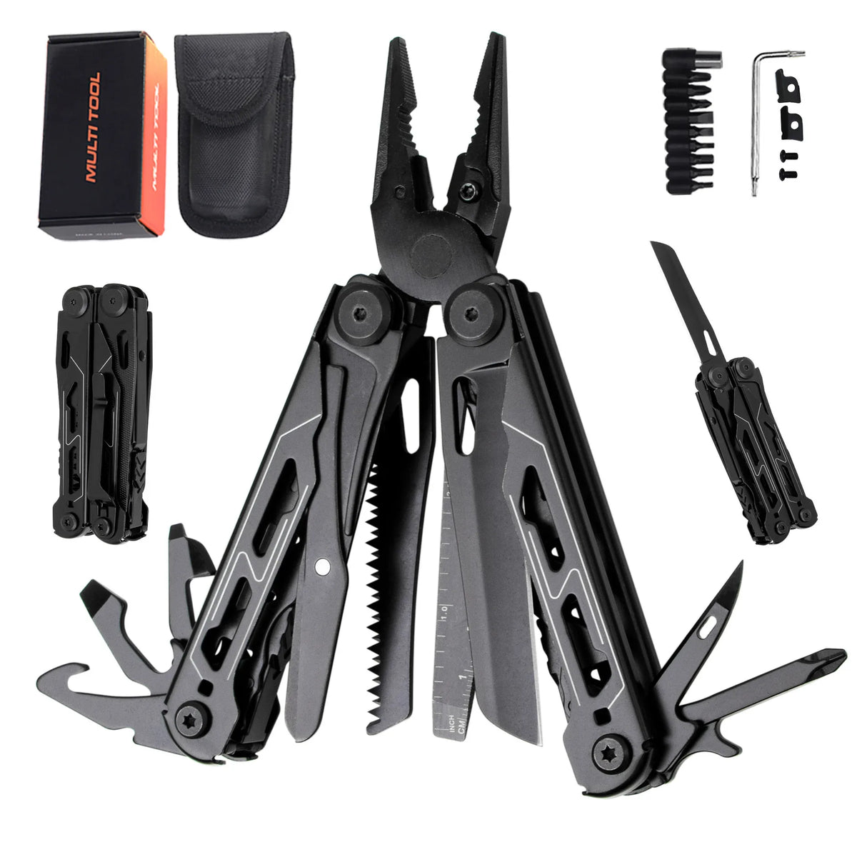 A set of black multifunctional stainless steel folding pliers and tools, including various tips and components.