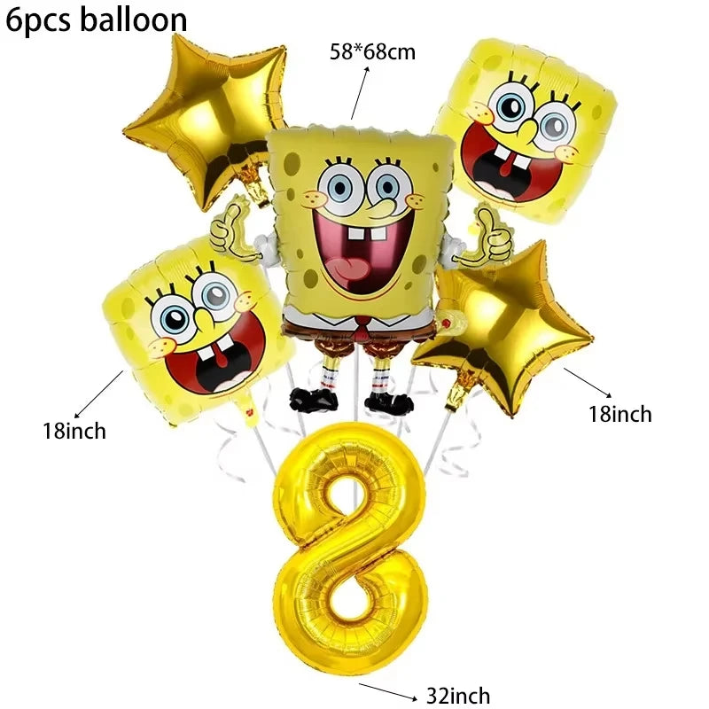 A set of six yellow and gold balloons featuring SpongeBob characters and the number eight