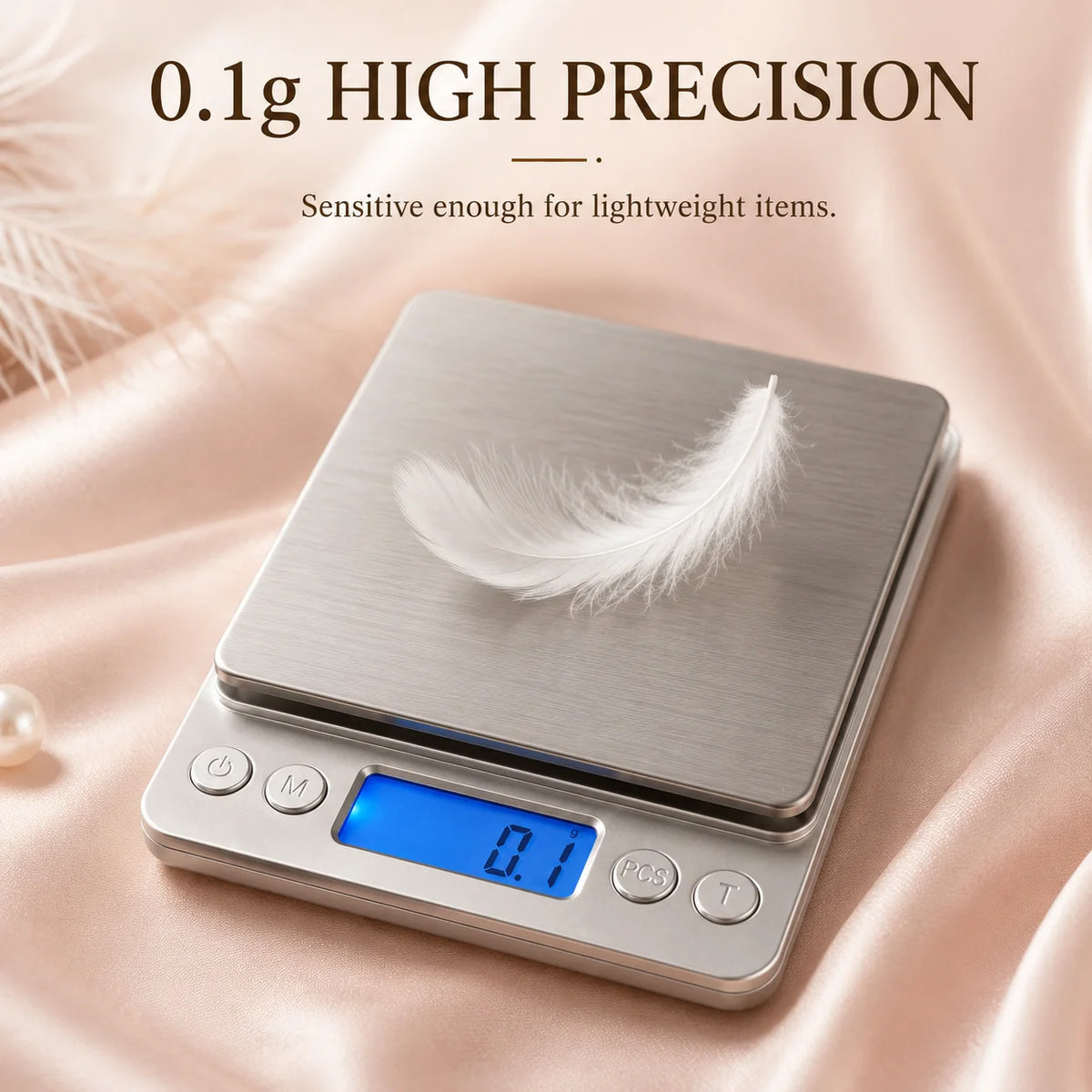 A silver digital kitchen scale displaying 0.1g precision, resting on a pink fabric.
