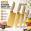 A set of four gold-colored titanium-coated kitchen knives with ergonomic handles displayed on a white surface.