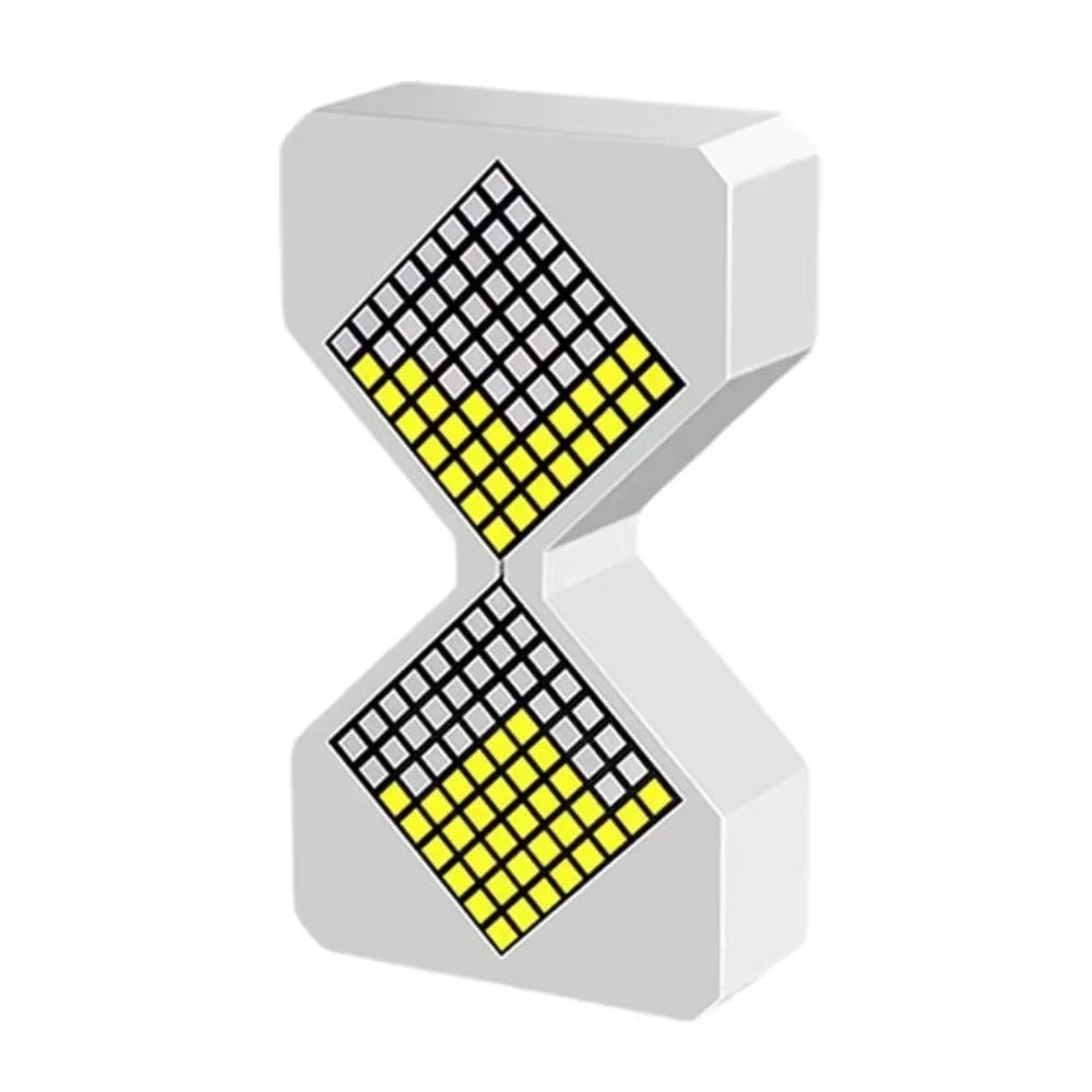 A white hourglass timer with a diamond shape, featuring yellow LED lights on the sand.