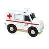 A white wooden magnetic train car set resembling an ambulance with a red cross symbol.