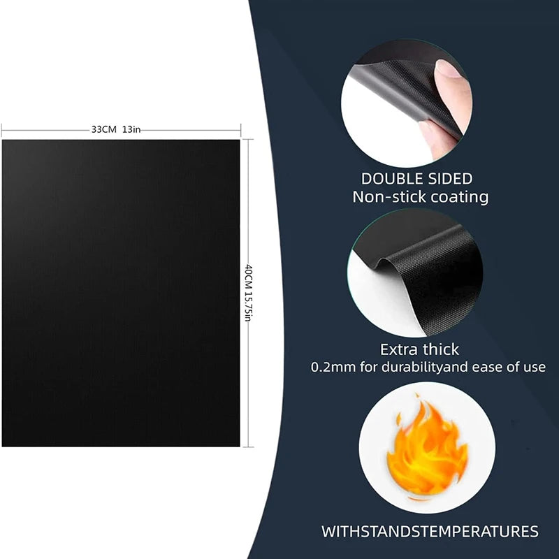 Black reusable non-stick oven and grill liners featuring double-sided coating and extra thickness for durability