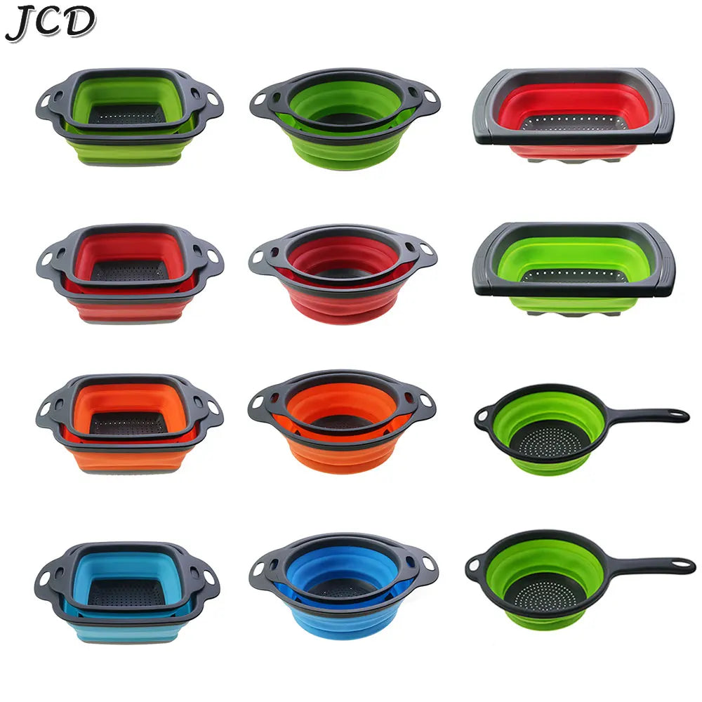 Una colección de cestas colapsables de silicona para fruta y verdura de colores, en varios tonos de verde, rojo, naranja, etc