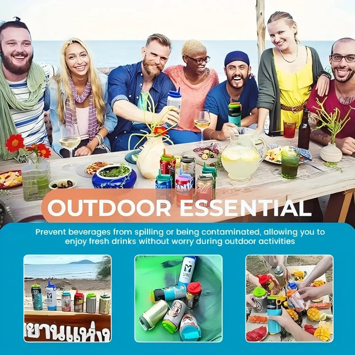 A group of people enjoying drinks outdoors with reusable silicone can lids and straws.
