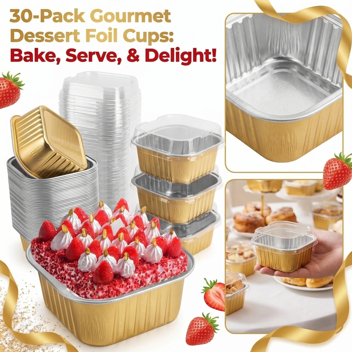 A collection of 30 gold and silver non-stick aluminum foil dessert cups for baking, serving, and delight.