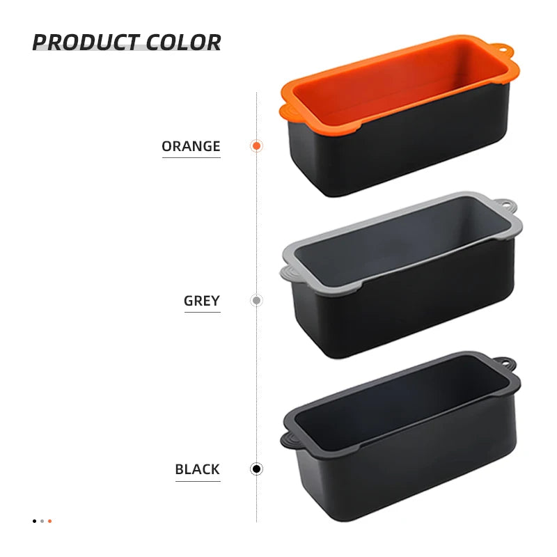 Tres versiones de una caja para aceite de silicona plegable en naranja, gris y negro.