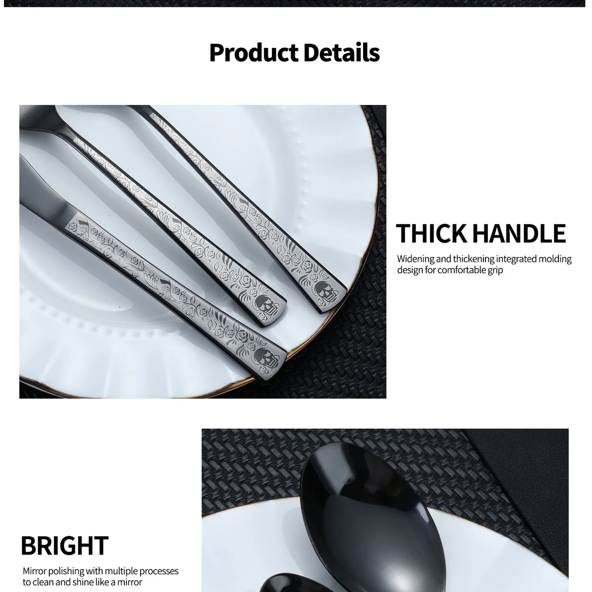 A silver stainless steel cutlery set featuring a skull pattern design on the blade and a thick handle.