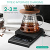 A precision digital coffee scale with a timer is shown charging a glass teapot using a Type-C interface.