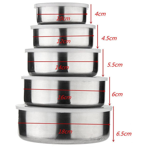 A stack of five stainless steel mixing bowls with airtight lids, showing various diameters and heights.