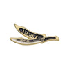 A gold-colored enamel pin featuring a stylized sword design with a silhouette of figures on the blade.