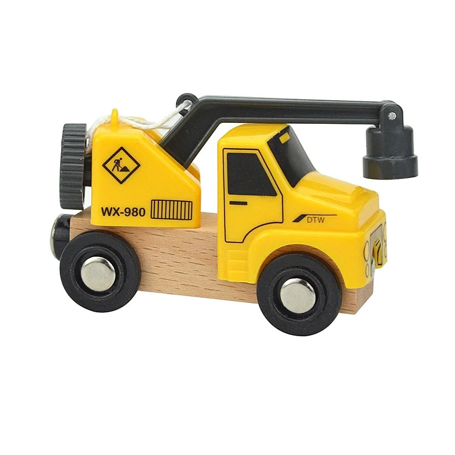 Yellow wooden train car set with a black crane arm and wheels