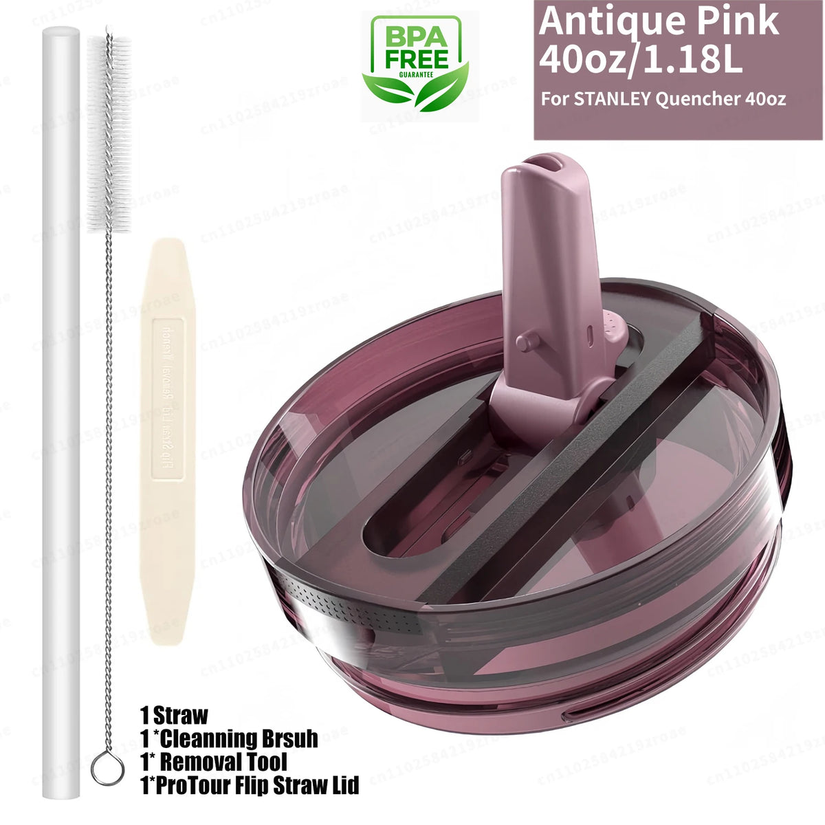 Antique pink lid for a Stanley Quencher 40oz tumbler with a straw and cleaning brush tool