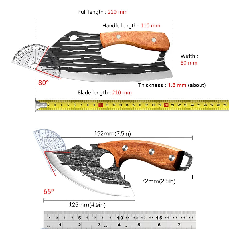 Side view of a hand-forged boning kitchen knife with a wooden handle showing dimensions and blade angle.
