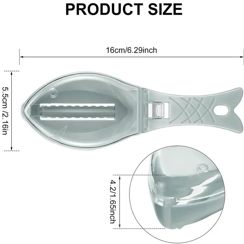 A precision fish scale scraper and cleaning brush set shown with dimensions and an inset view of the tool.