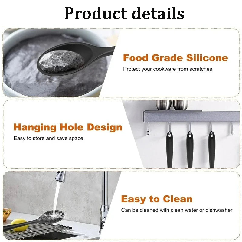 A set of silicone mixing spoons with a food grade coating shown in various applications for cooking and storage.