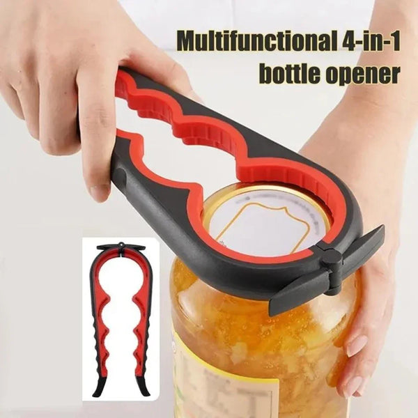 Eine Hand benutzt ein multifunktionales 4-in-1 Flaschenöffnerwerkzeug, um ein Glasgefäß zu öffnen.