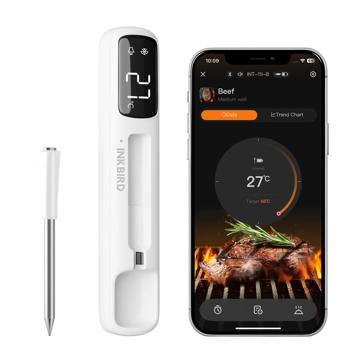 A white mini Bluetooth meat thermometer with an LED display is shown next to a smartphone displaying a temperature reading.