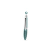 A set of three food-grade silicone kitchen tongs with stainless steel tips for grilling.