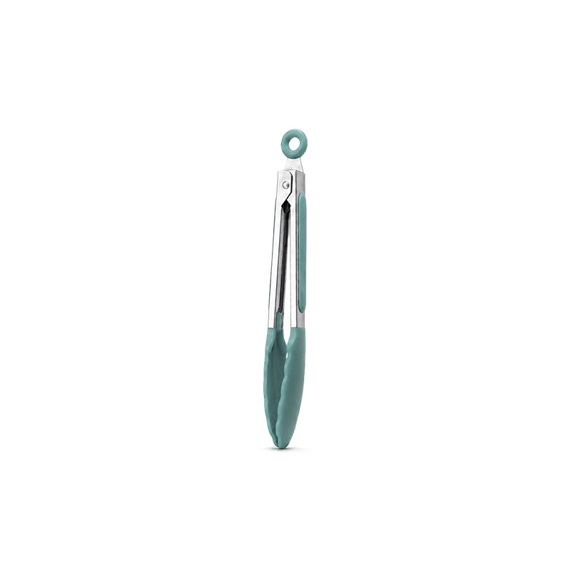 A set of three food-grade silicone kitchen tongs with stainless steel tips for grilling.