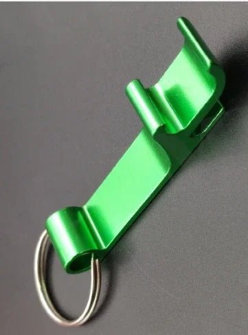 A bright green portable metal bottle opener keychain with a split design.