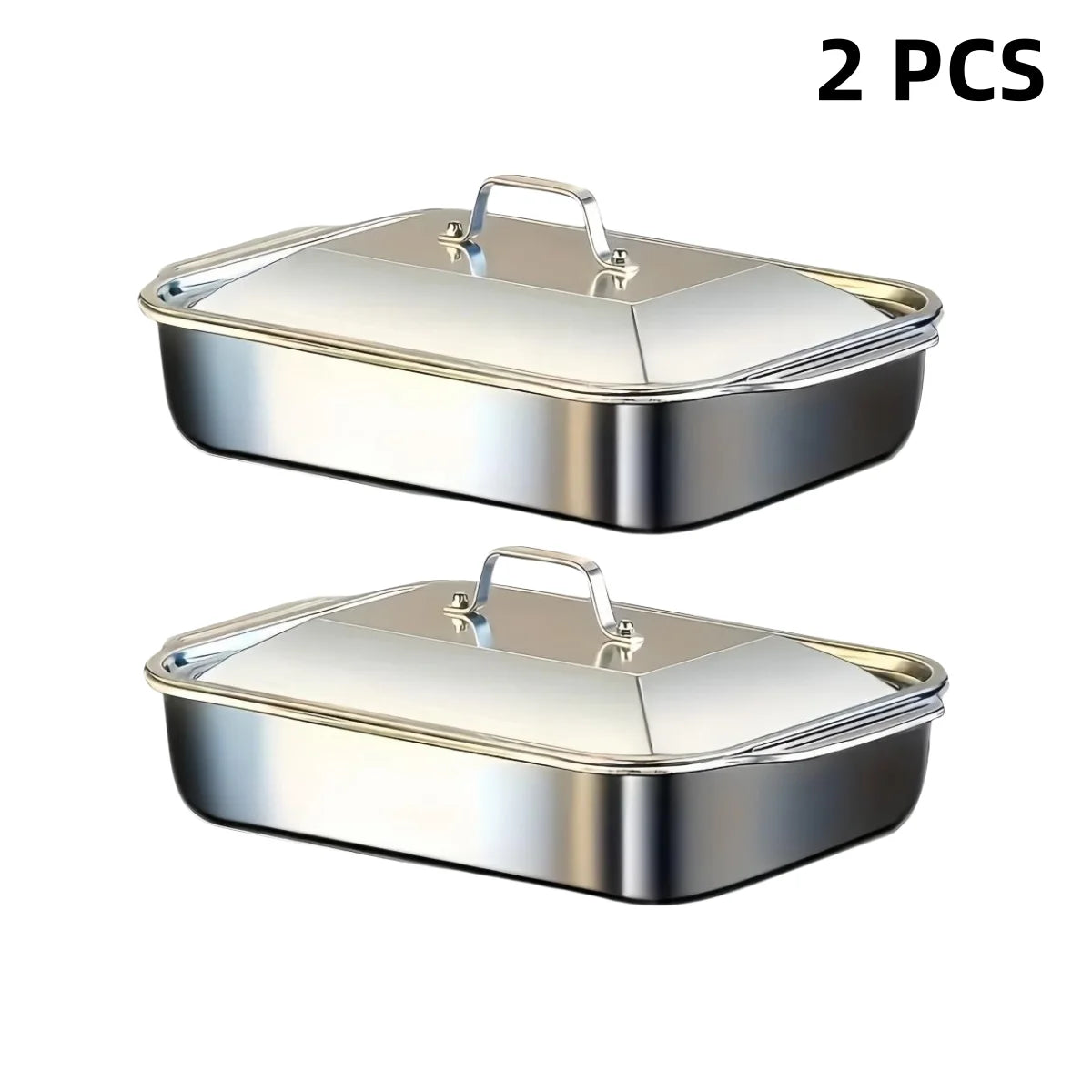 A set of two stainless steel baking pans with lids.