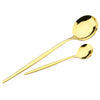 A set of six gold-toned Western stainless steel cutlery pieces including a spoon and fork.