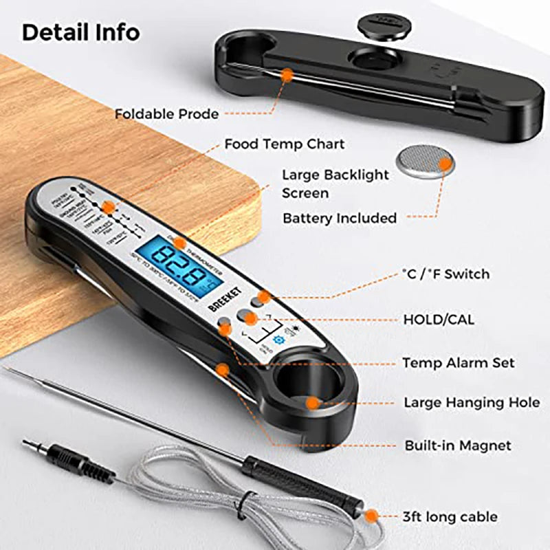 A digital meat thermometer is shown with various features like a foldable probe, LCD screen, and battery included.