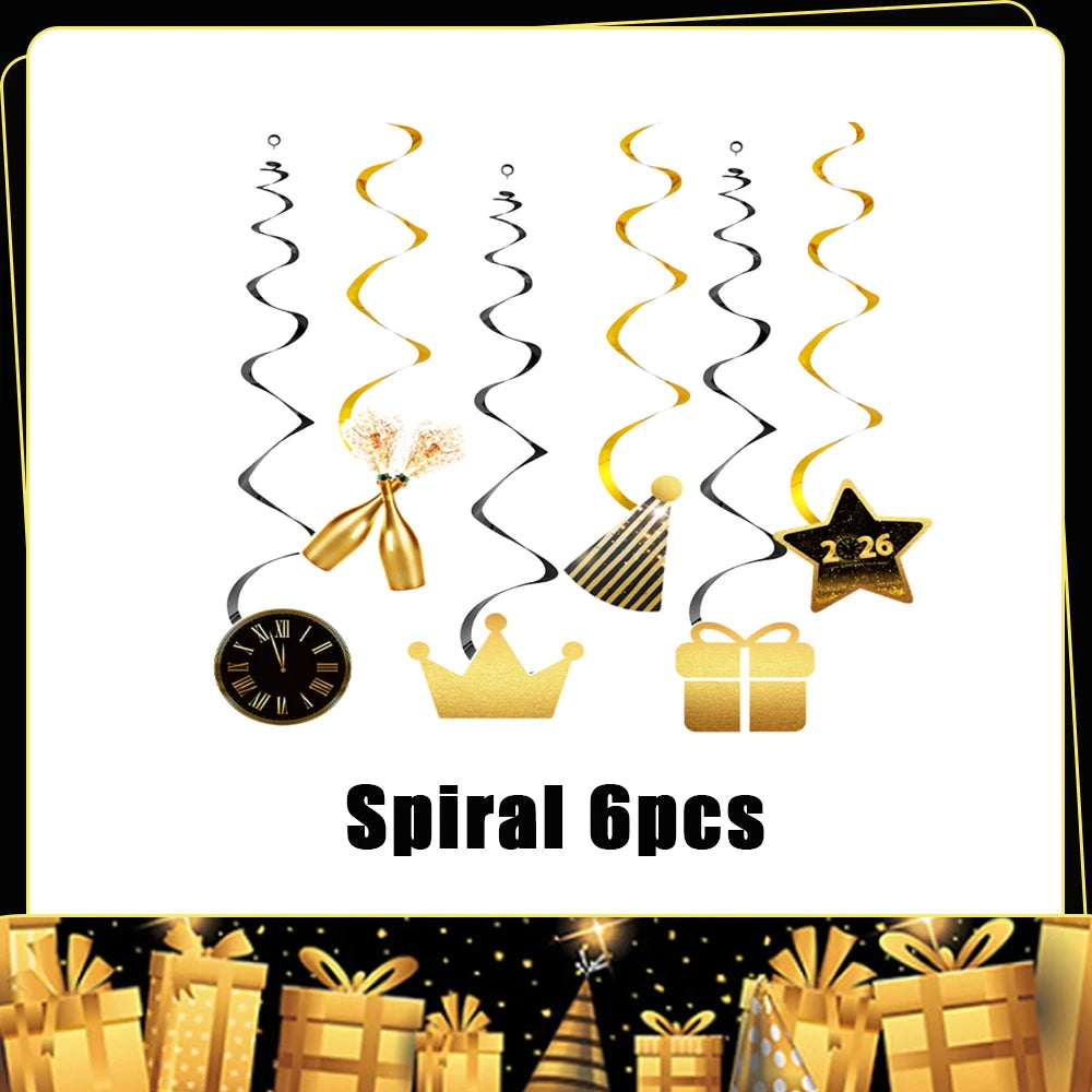 A set of six gold and black spiral-shaped decorative items for a luxury disposable party tableware set.