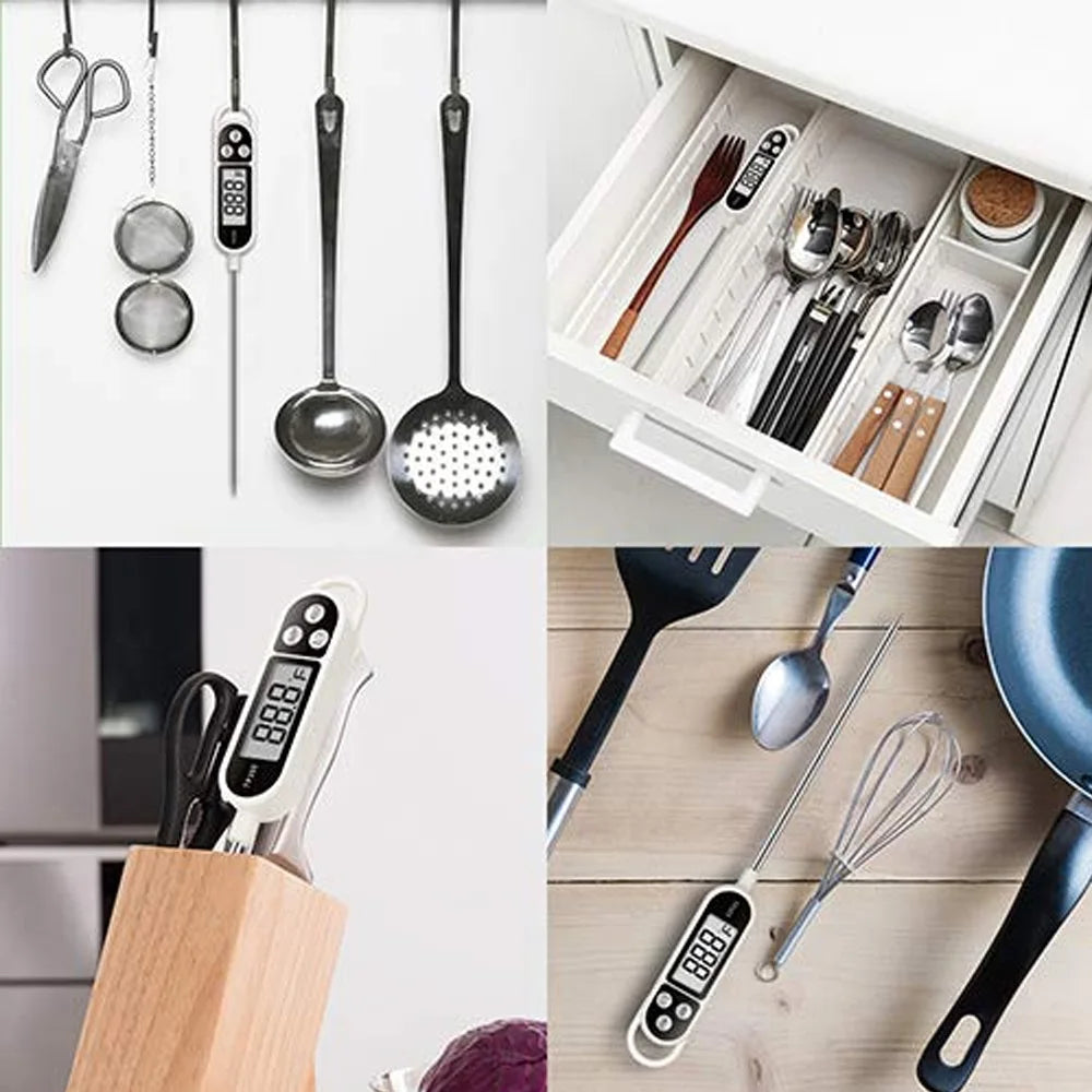 A collection of kitchen utensils, including a digital meat thermometer with a long probe, hanging on a rack.