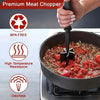 A hand is operating a black meat chopper device, demonstrating features like BPA free, high temperature resistance, and odorl
