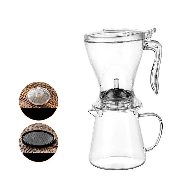 Clear glass pour over coffee dripper with a handle and a separate filter
