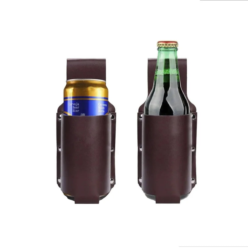 A dark brown PU leather bottle holder designed for a waist bag, featuring a glass bottle with a green cap.