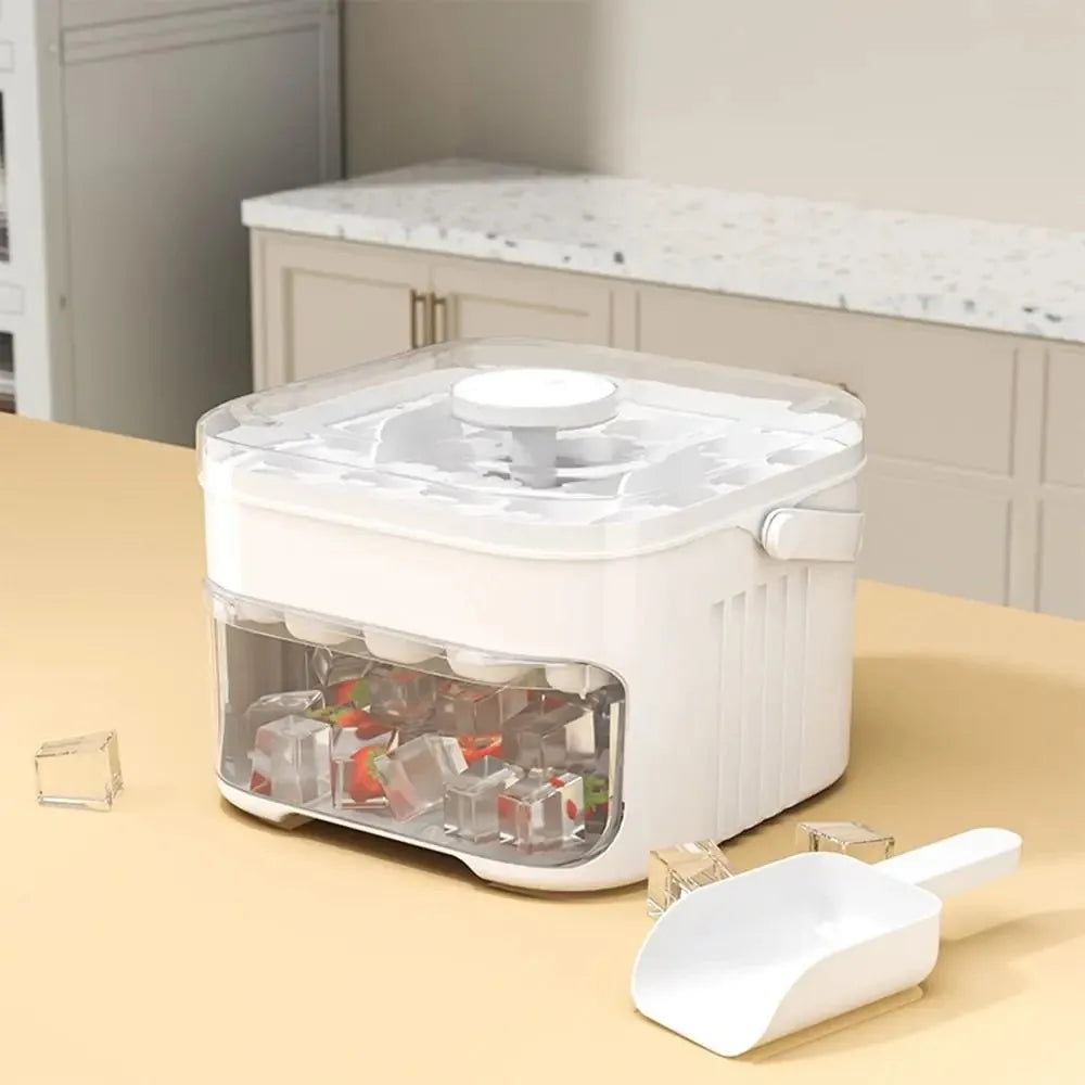 A white refrigerator ice maker with an easy-press lid sits on a light wooden surface.