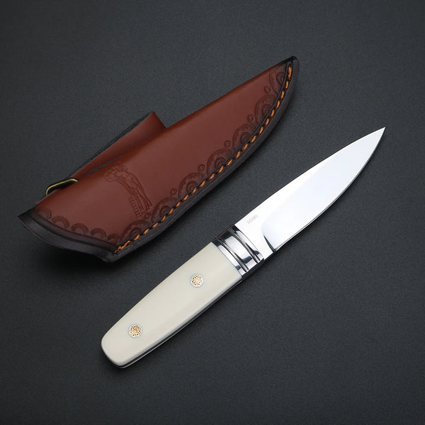 A brown leather sheath holds a silver fixed blade knife with a light handle.