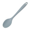 A light gray silicone mixing spoon with a heat resistant coating.
