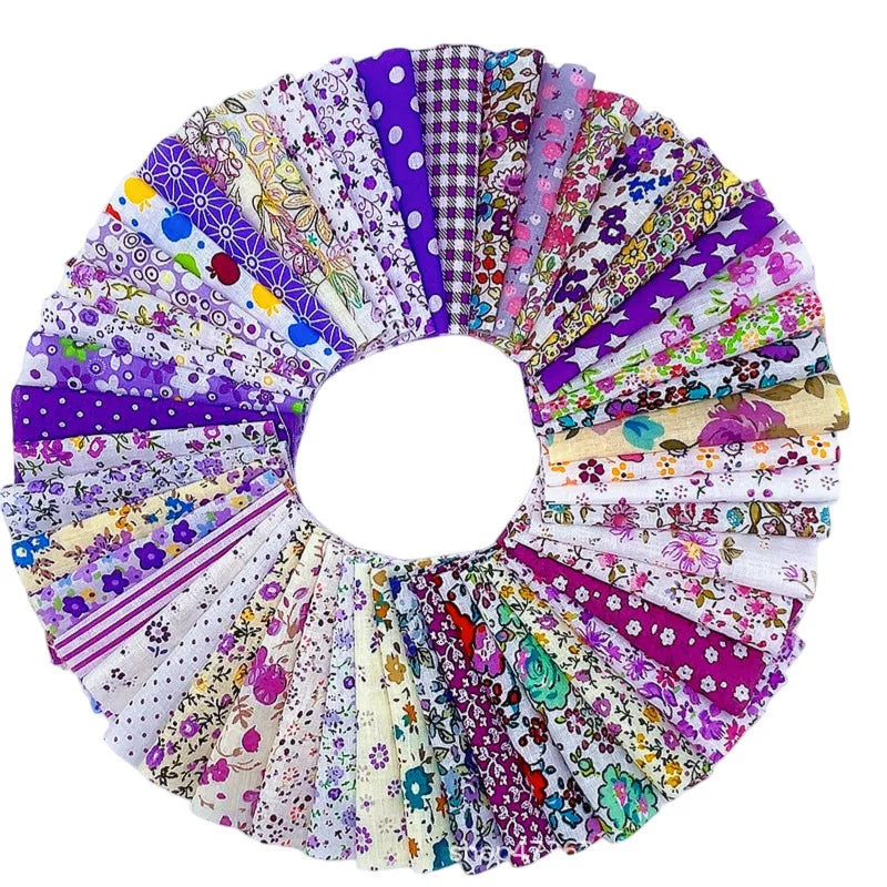 A circular display of square printed cotton fabric in various colors and patterns.