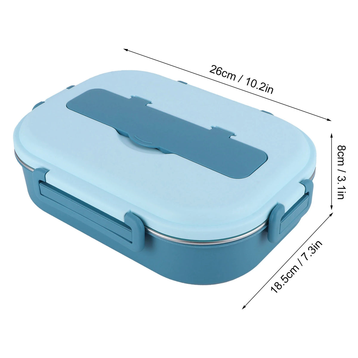 Light blue stainless steel bento lunch box with a lid and insulated features