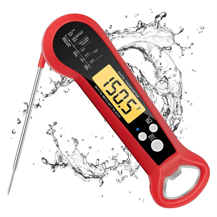 A red instant digital meat thermometer with a yellow display is shown amidst splashing water.