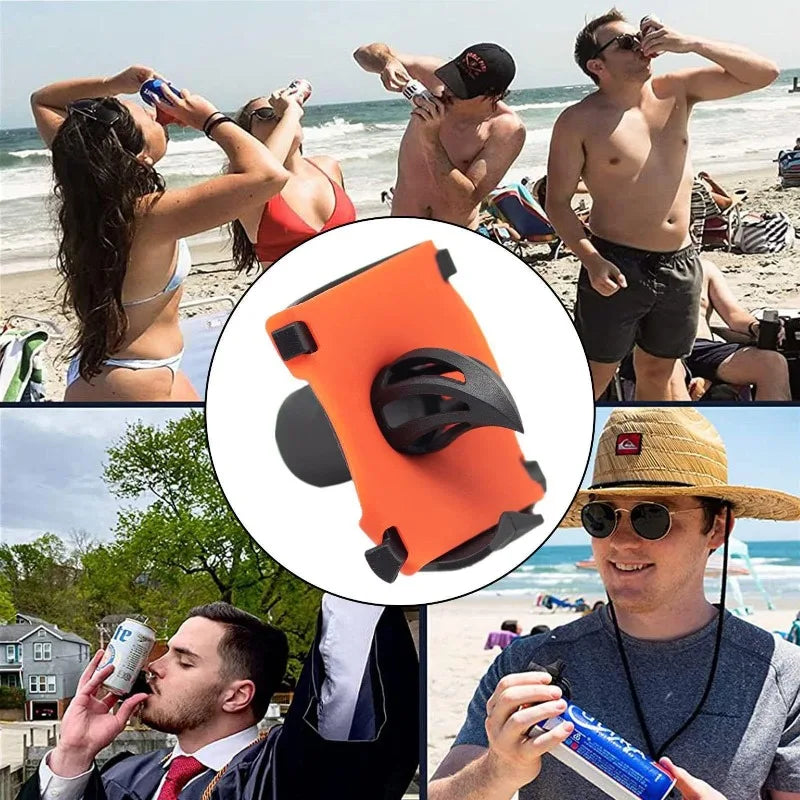 An orange beer bottle opener tool is shown being used by a man and a woman on a beach.