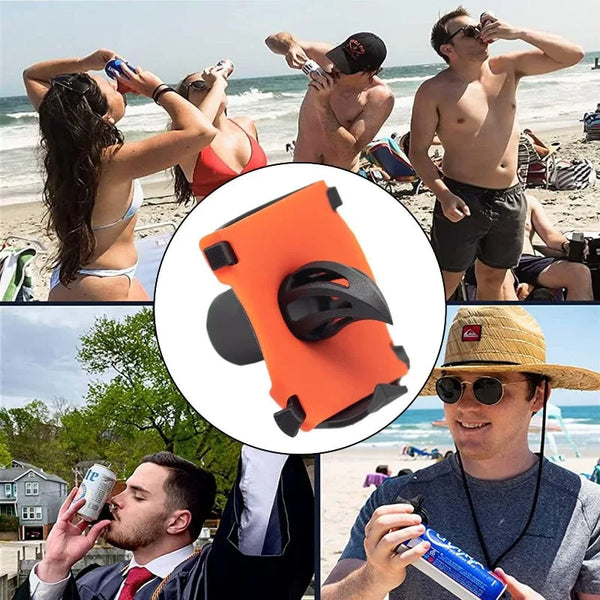 Ein Mann und eine Frau benutzen ein orange Bierflaschenöffnerwerkzeug am Strand.