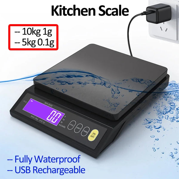 Schwarze digitale Küchenwaage mit wasserdichtem Design, zeigt 0,0g auf weißem Hintergrund.