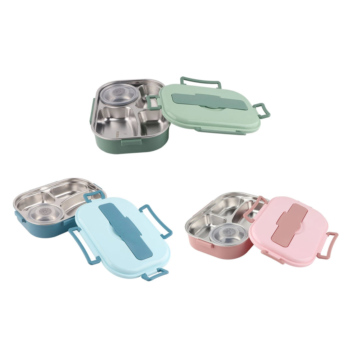 A set of three stainless steel bento lunch boxes in green, blue, and pink colors.