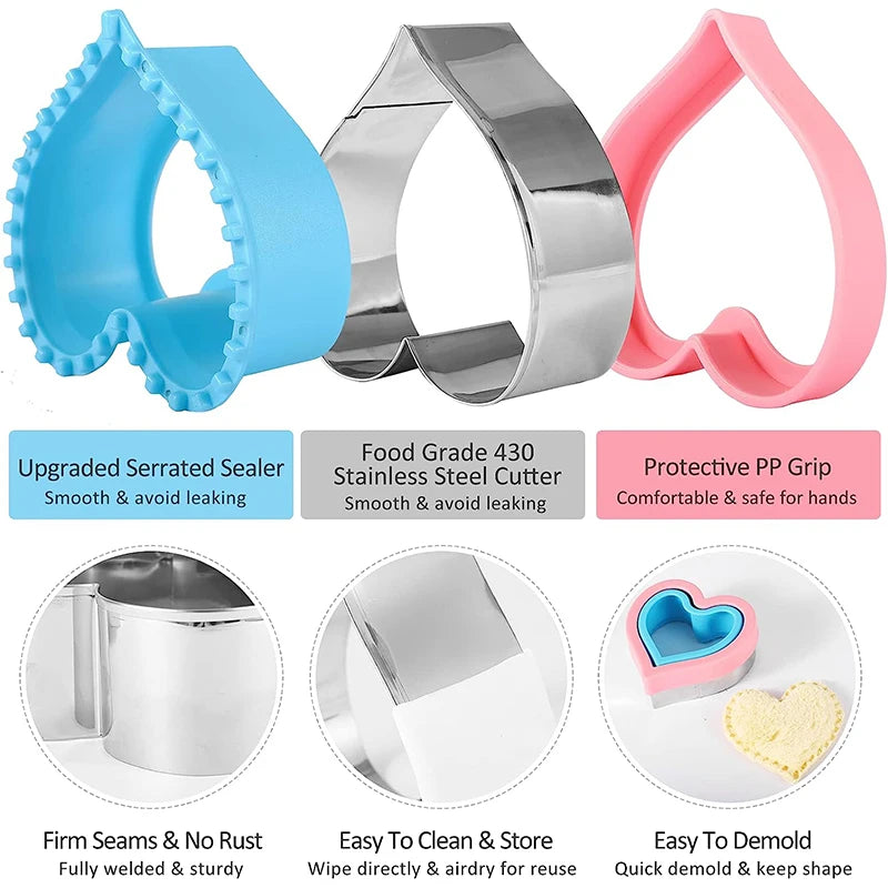 A set of three silicone and stainless steel sandwich cutters for baking and decoration featuring serrated sealing, cutting, a