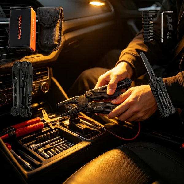 A hand holds a set of black stainless steel folding pliers and tools inside a car interior console.
