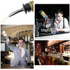A set of stainless steel wine bottle stoppers and pourers is shown in various contexts, including a close-up of the tool and 