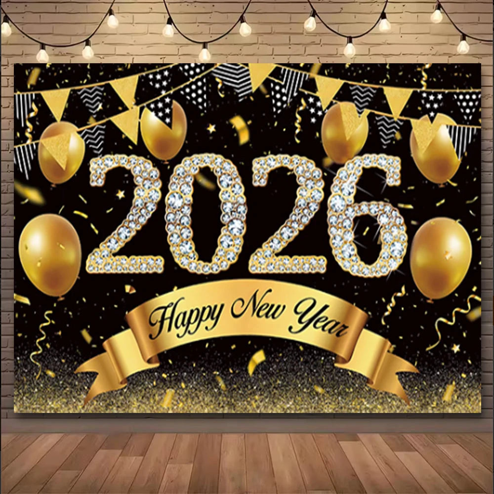 A festive banner featuring gold balloons and the year 2026 with sparkling text on a dark background.