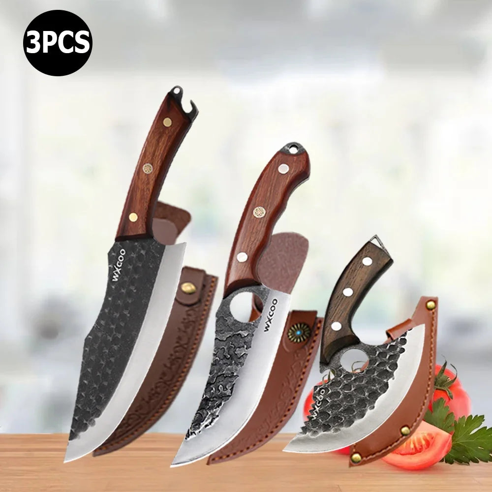 Three handmade forged chef knives with wooden handles displayed on a wooden surface.