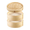 A set of three bamboo steamers, including a lid and two steamer baskets, for cooking various foods.