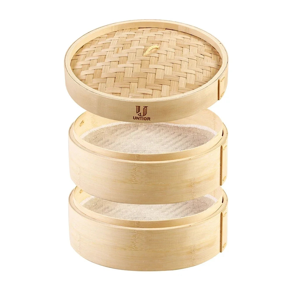 A set of three bamboo steamers, including a lid and two steamer baskets, for cooking various foods.